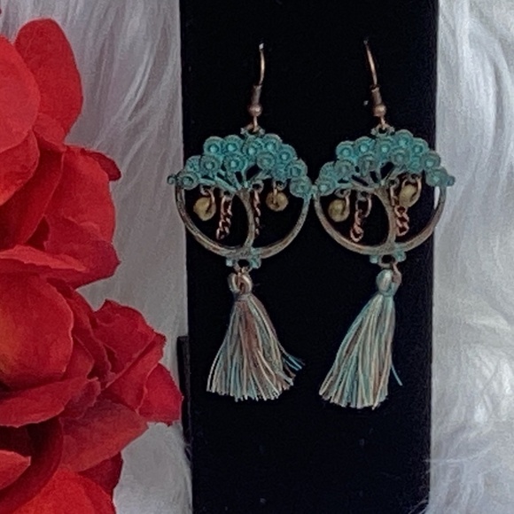 BOGO New Turquoise Blue & Copper Southwestern Boho Tree Of Life Tassel Earrings - Picture 5 of 7